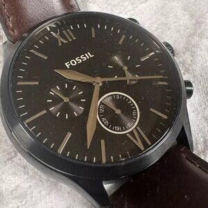 Fossil Fenmore 44mm Black Stainless Steel Case, Brown Leather Band Men's USED